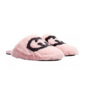 GUCCI Interlocking GG Faux-Fur Glam Slippers Rose-Black Sandals Size 37.5